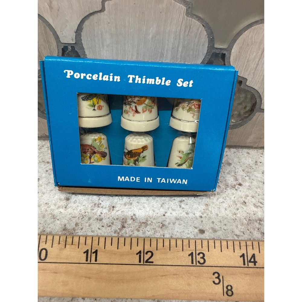 Vintage Porcelain Thimble Set 6 Piece Bird Illustrations Collectible Taiwan Mini